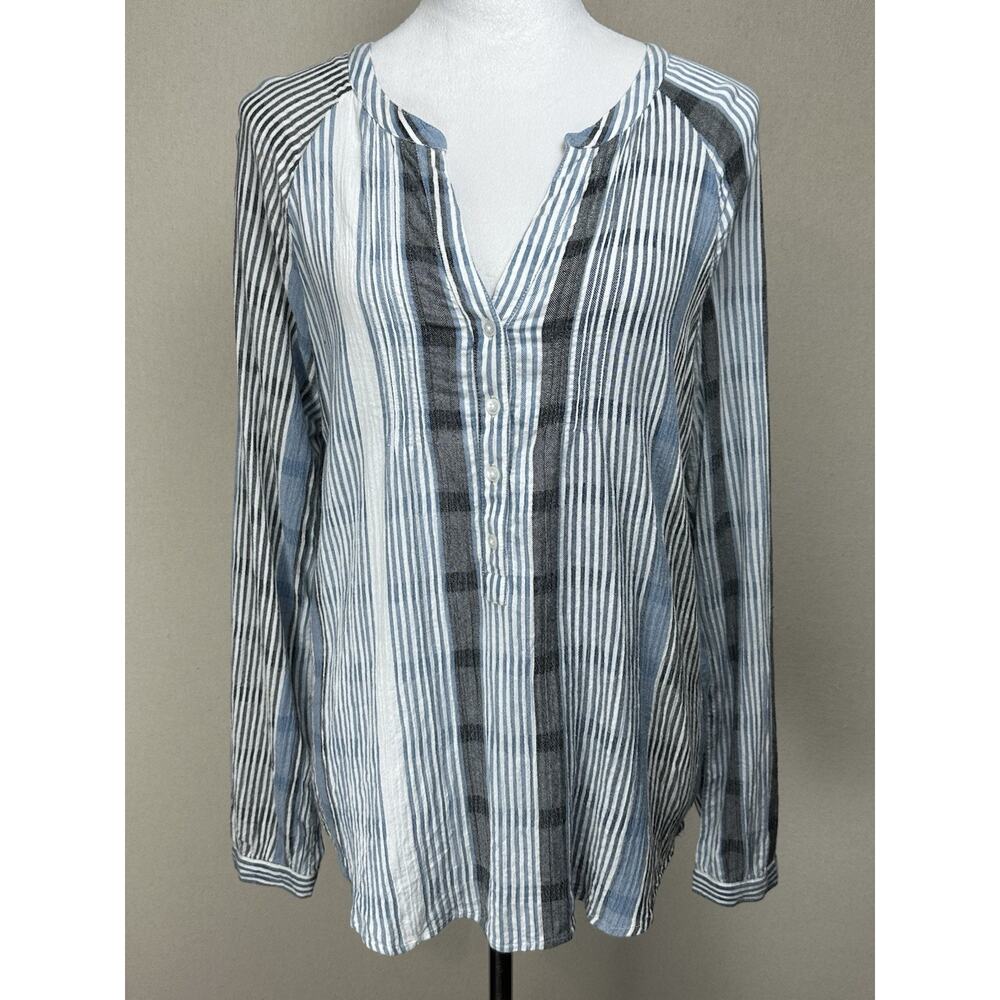 Women's Large Lucky Brand Blue Striped Long Sleeve‎ Blouse Top V-Neck Casual